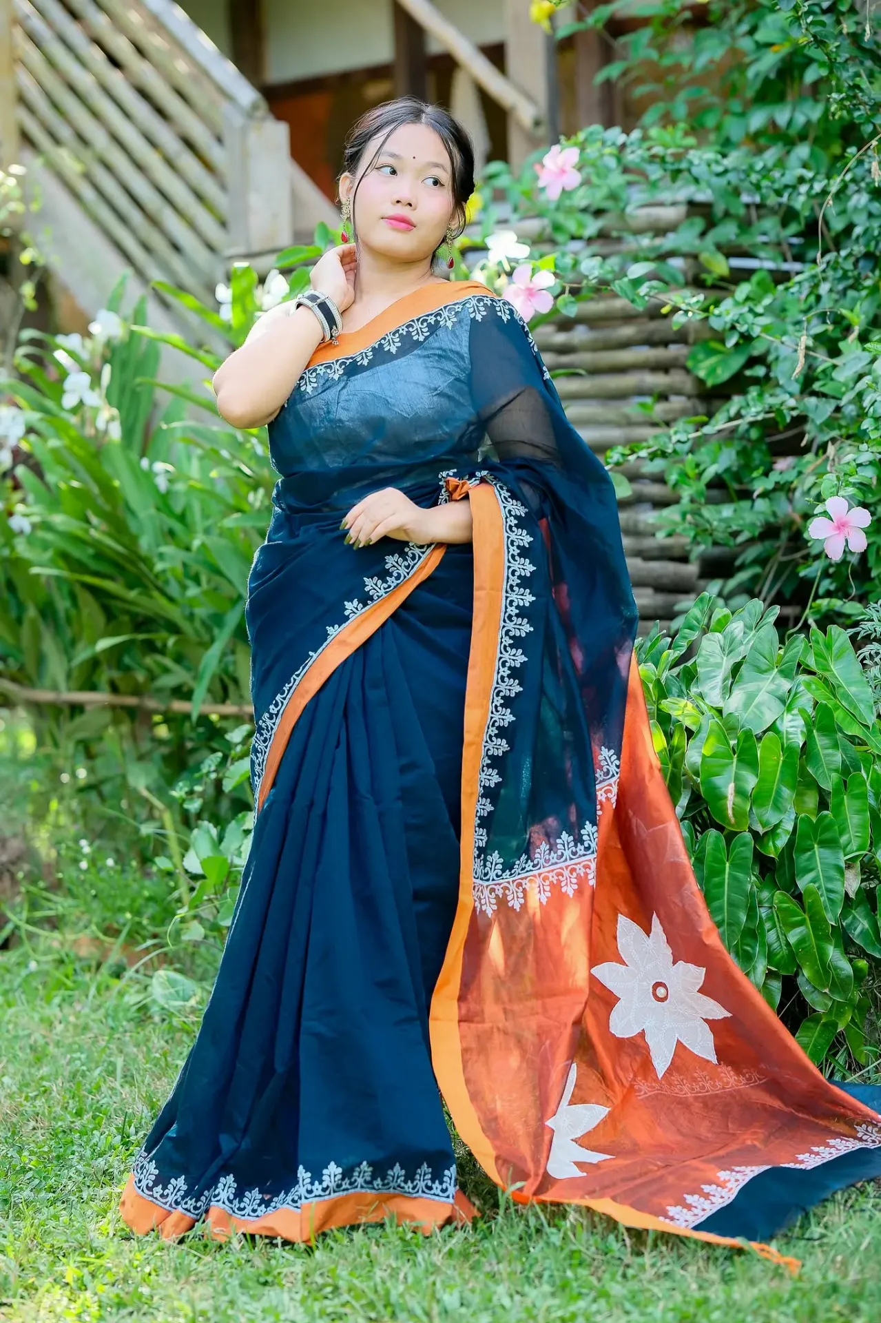 Deep Indigo Body Rust Brown Anchal Hand Work Sharee
