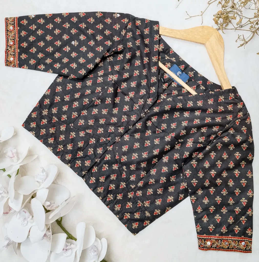 [0216] Black Red Leaf Motif Sequin Jaypuri Cotton Blouse (34)