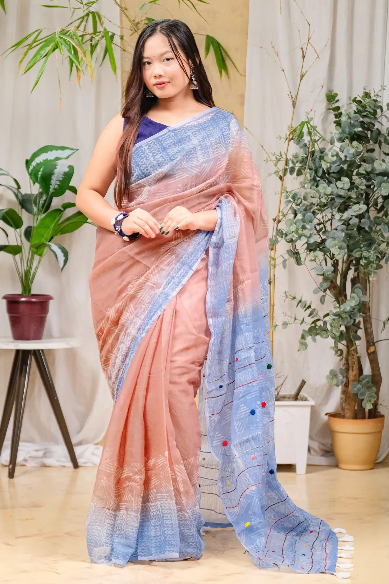 Dusty Mauve Body Indigo Blue Anchal Hand Work Sharee