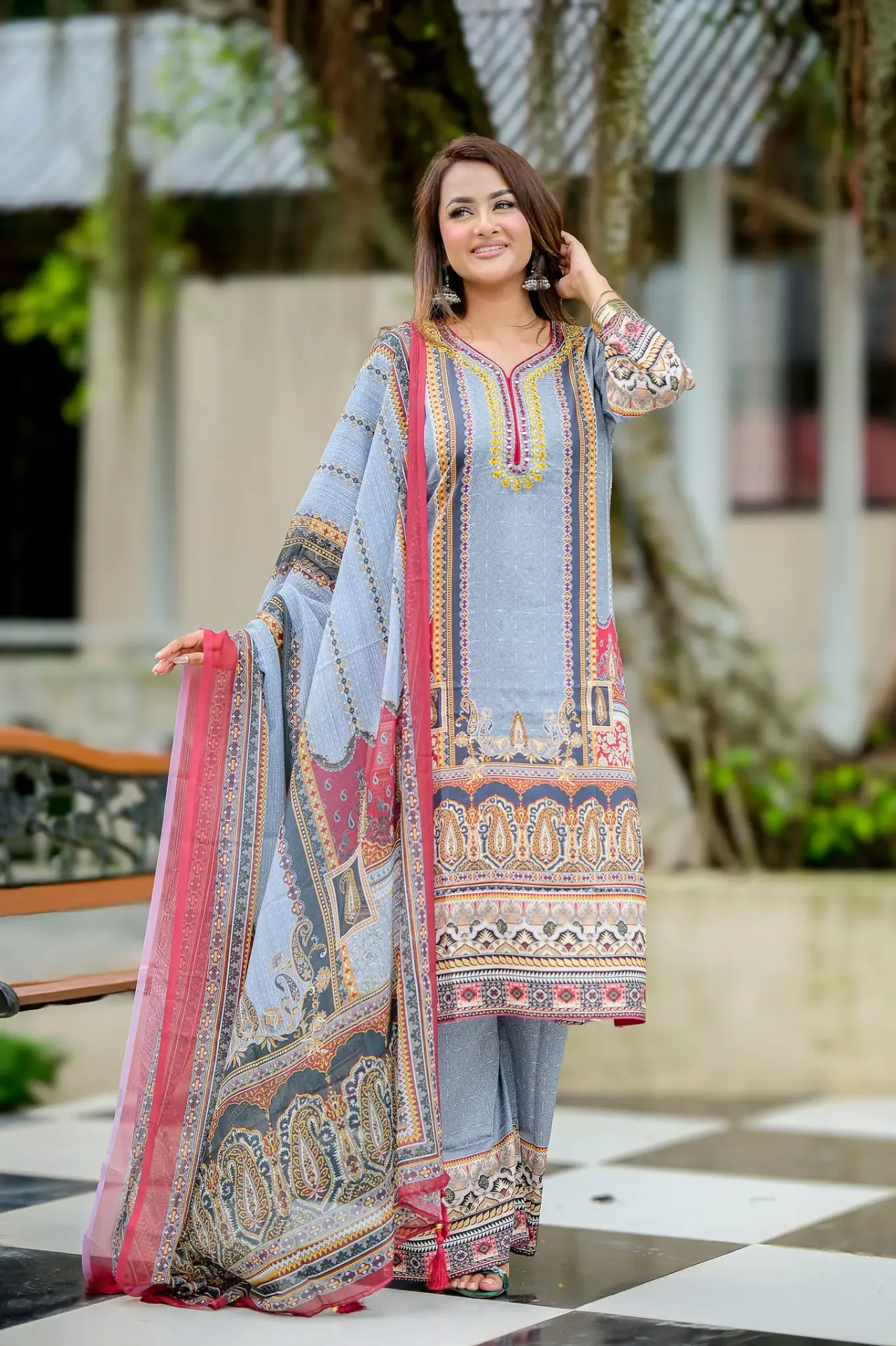 Slate Grey Mustard Yellow Floral Digital Print Silk Three Piece