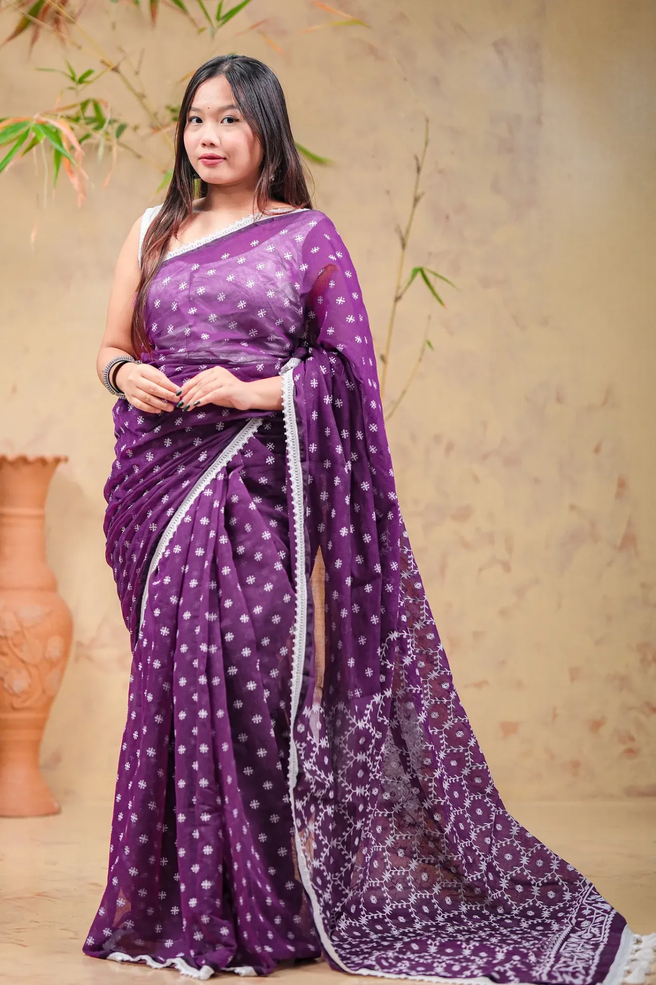 [0102] Deep Plum Body White Geometric Screen Print Half Silk Sharee
