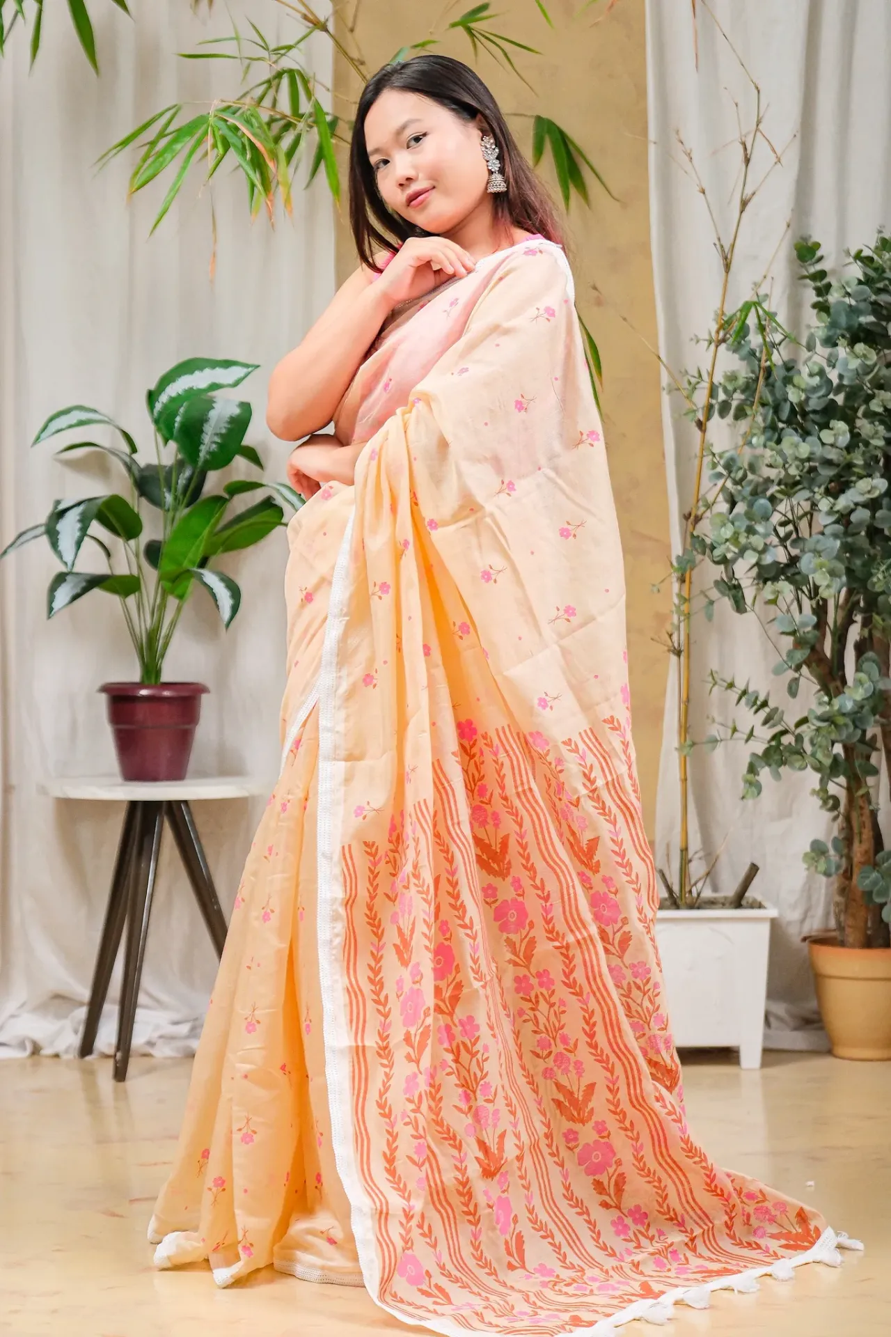[0102] Peach Body Pink Floral Motif Screen Print Half Silk Sharee