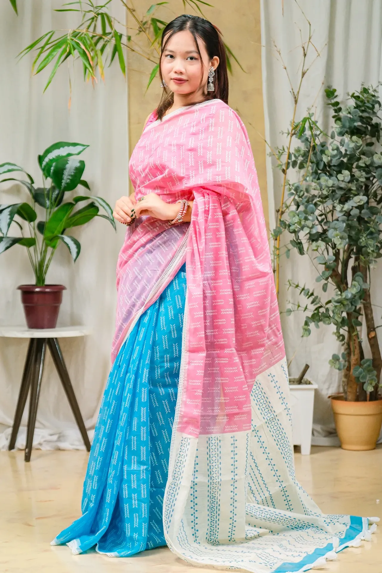 [0102] Sky Blue Lilac Body White Zigzag Anchal Screen Print Half Silk Sharee