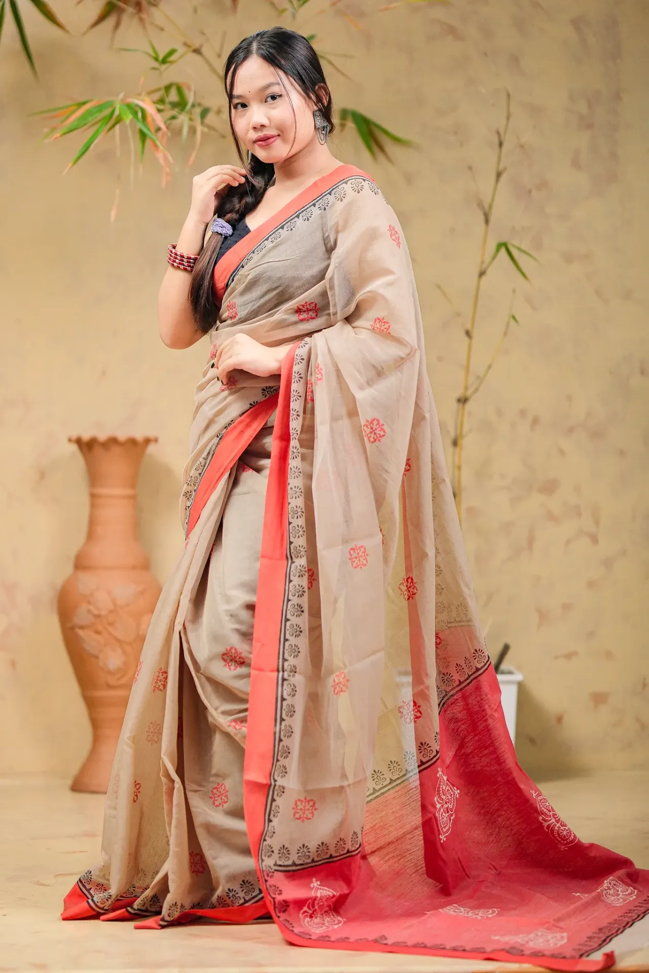 [0102] Light Khaki Body Vibrant Red White Floral Anchal Screen Print Half Silk Sharee
