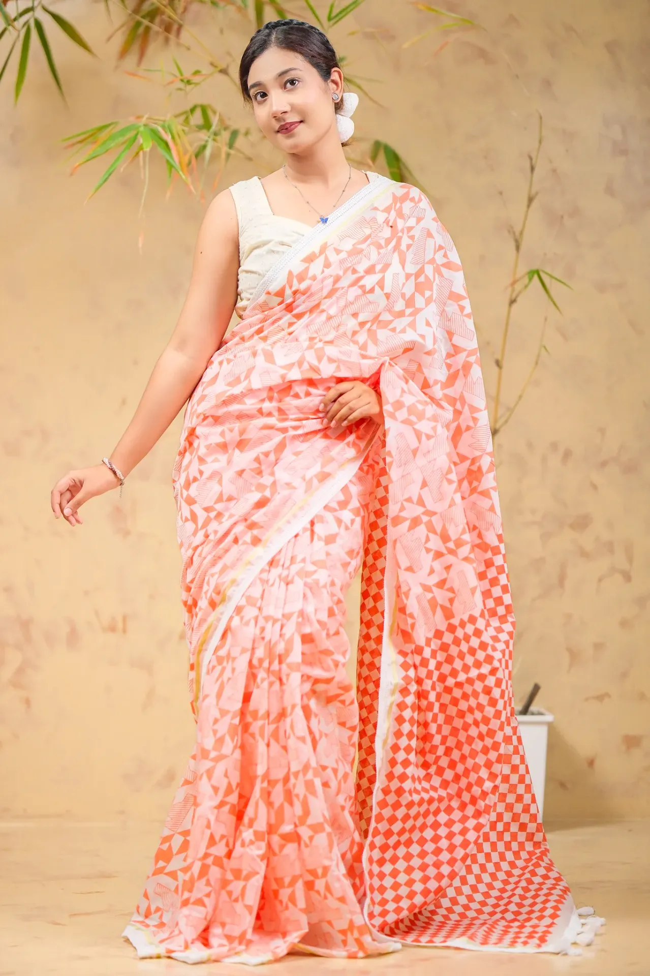 [0102] Peach Orange Diamond Grid Screen Print Half Silk Sharee