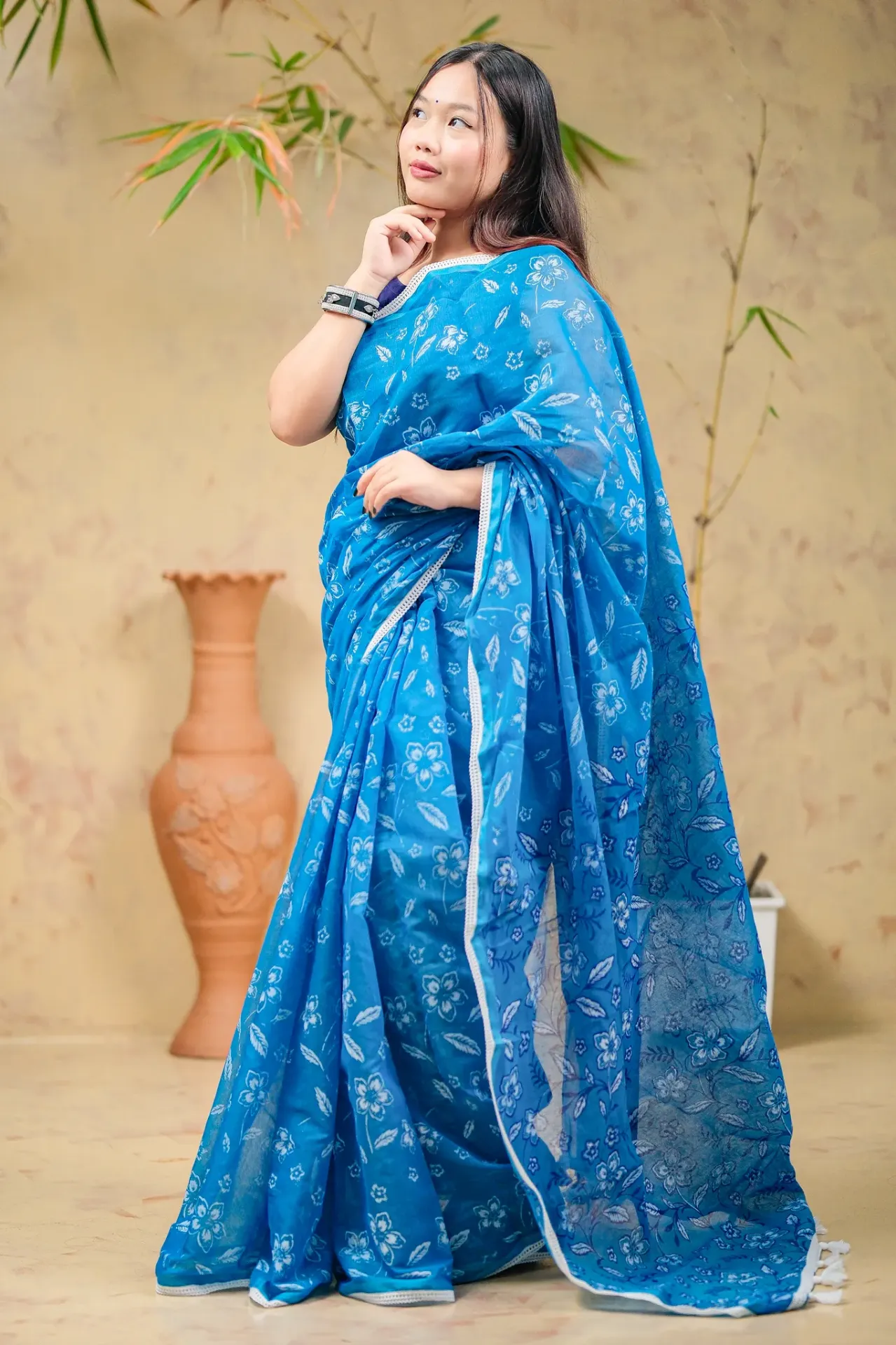[0102] Royal Blue Body White Floral Screen Print Half Silk Sharee