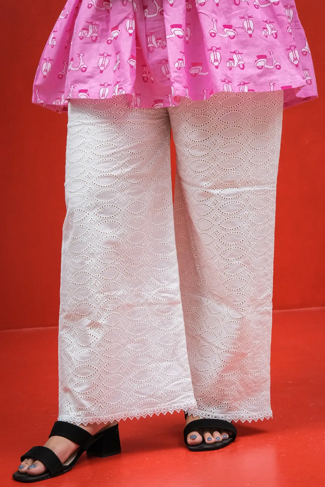 [0603] White Geometric Lattice Pattern Imported Chikenkari Pant