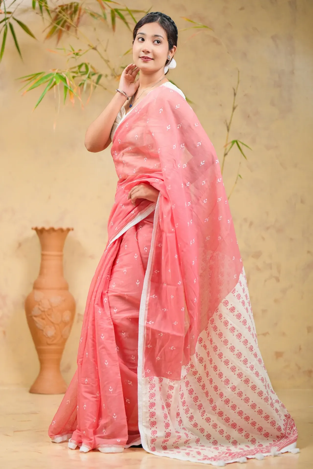 Salmon Pink Body Dark Pink White Screen Print Half Silk Sharee