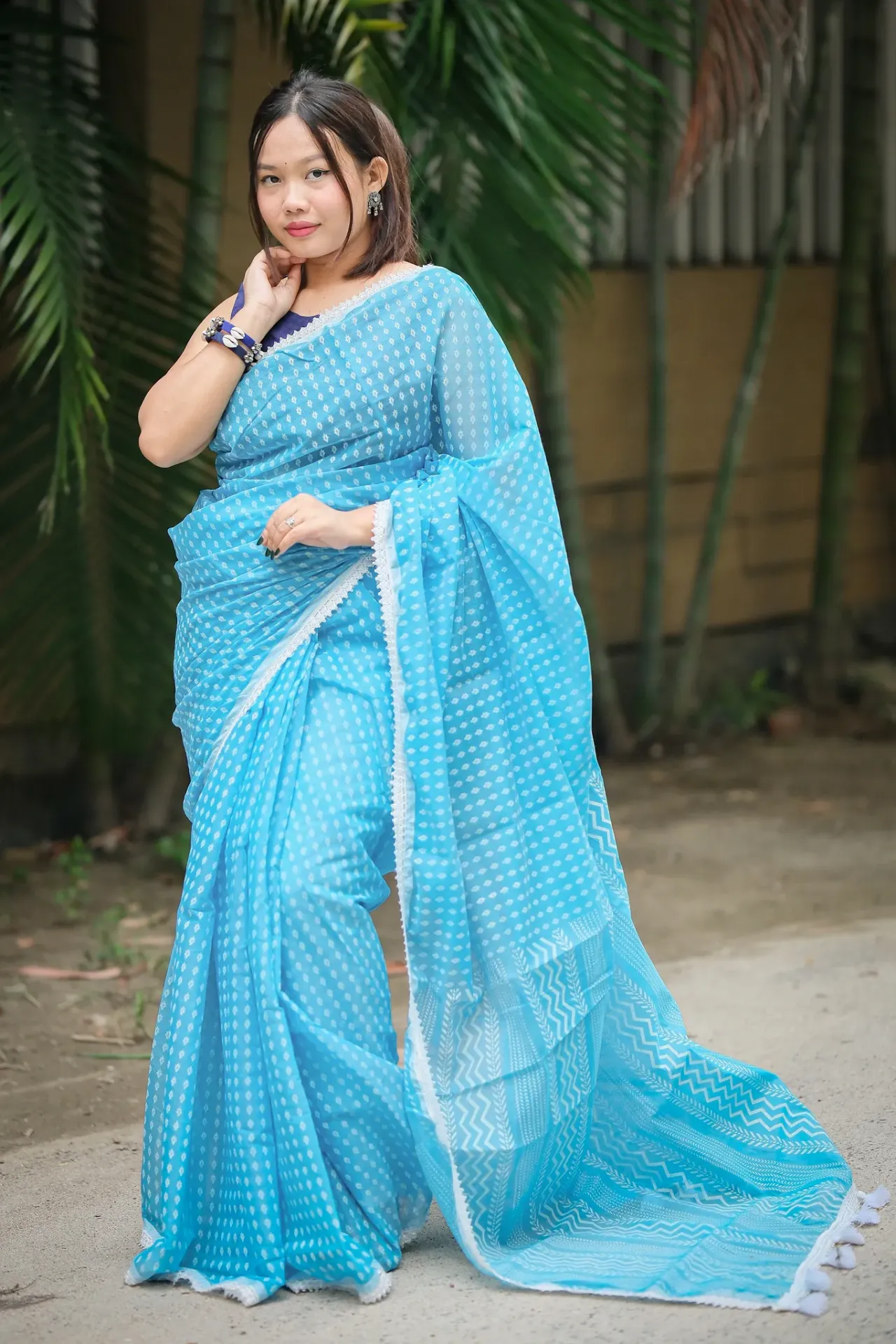 Sky Blue Body White Zigzag Anchal Screen Print Half Silk Sharee