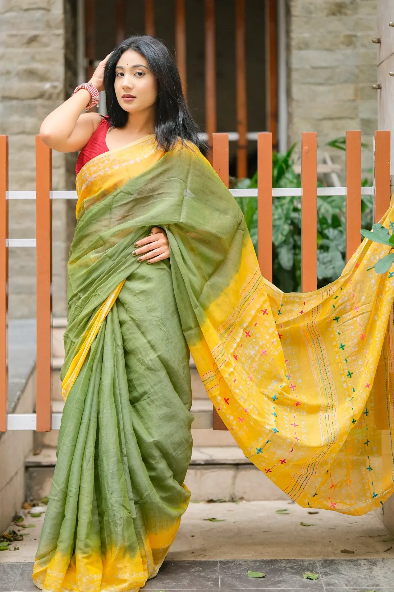 Sage Green Body Vibrant Mustard Yellow anchal Hand Work Sharee