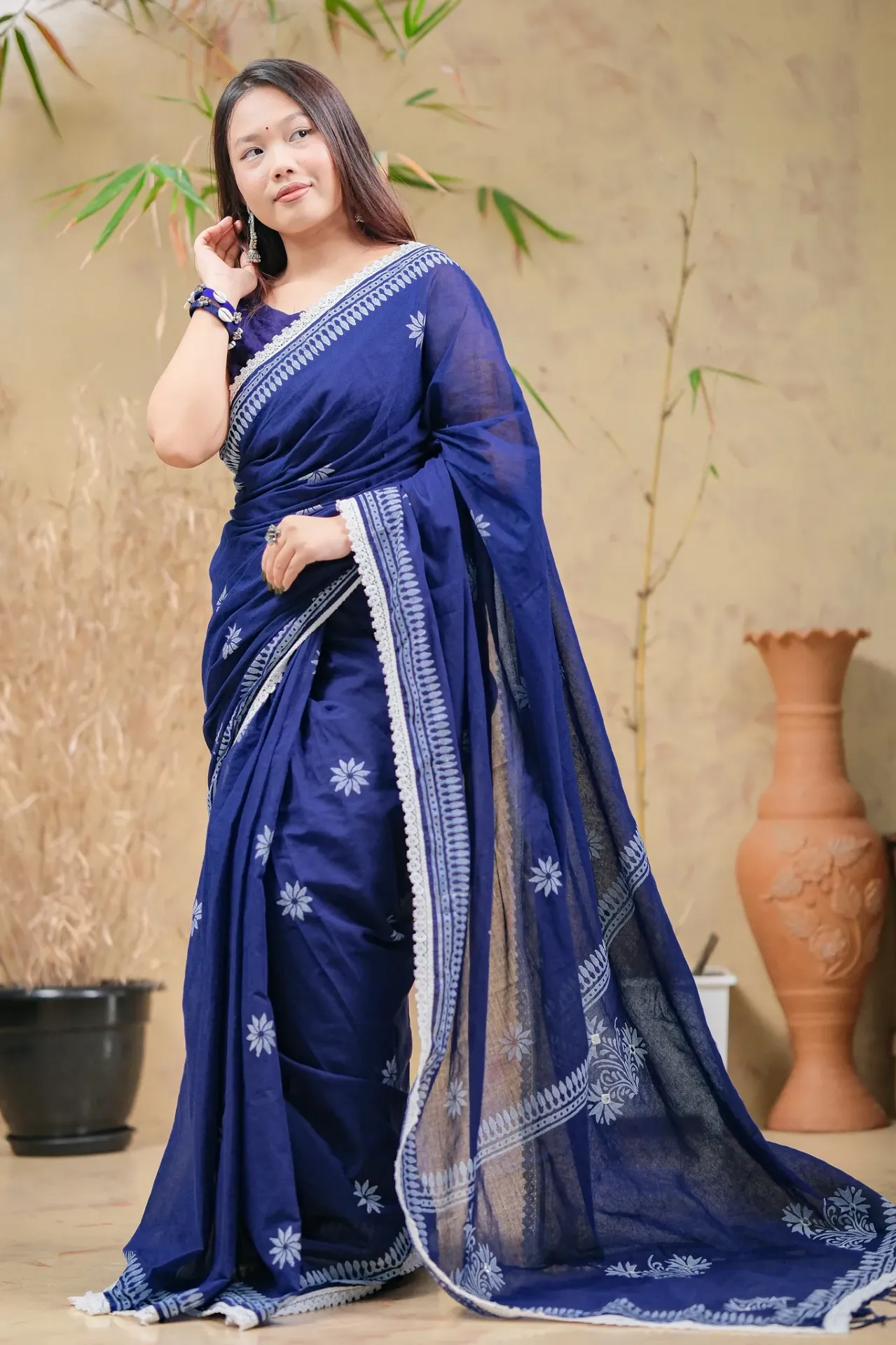 Navy Blue Body White Floral Motif Hand Work Sharee