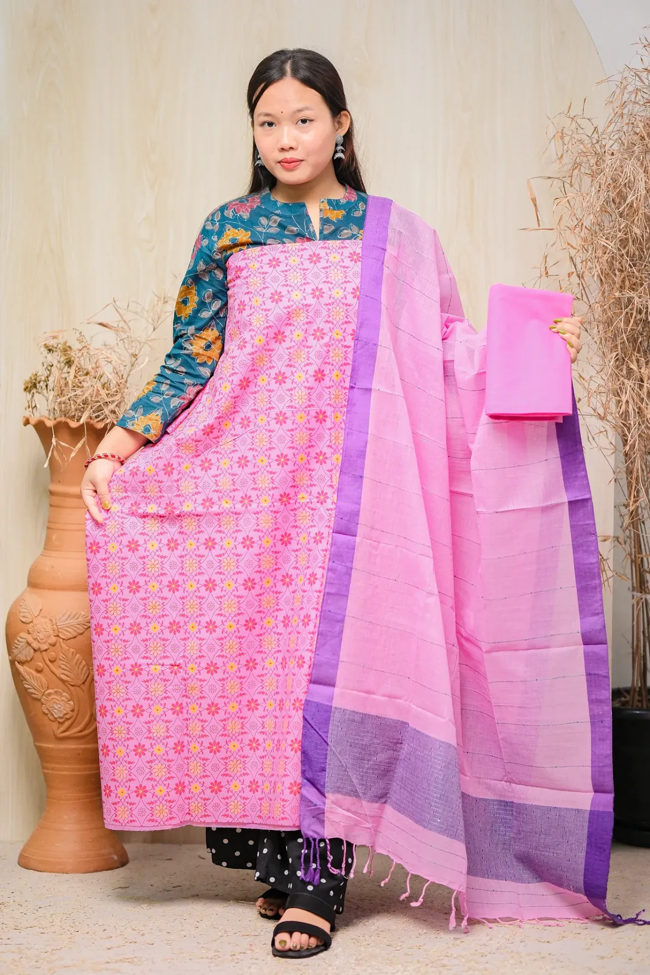 Bright Pink Intricate Floral Cotton Three Piece