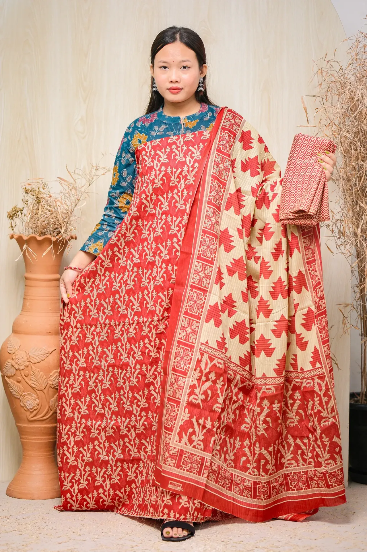 Crimson Red Cream Geometric Cotton Three Piece