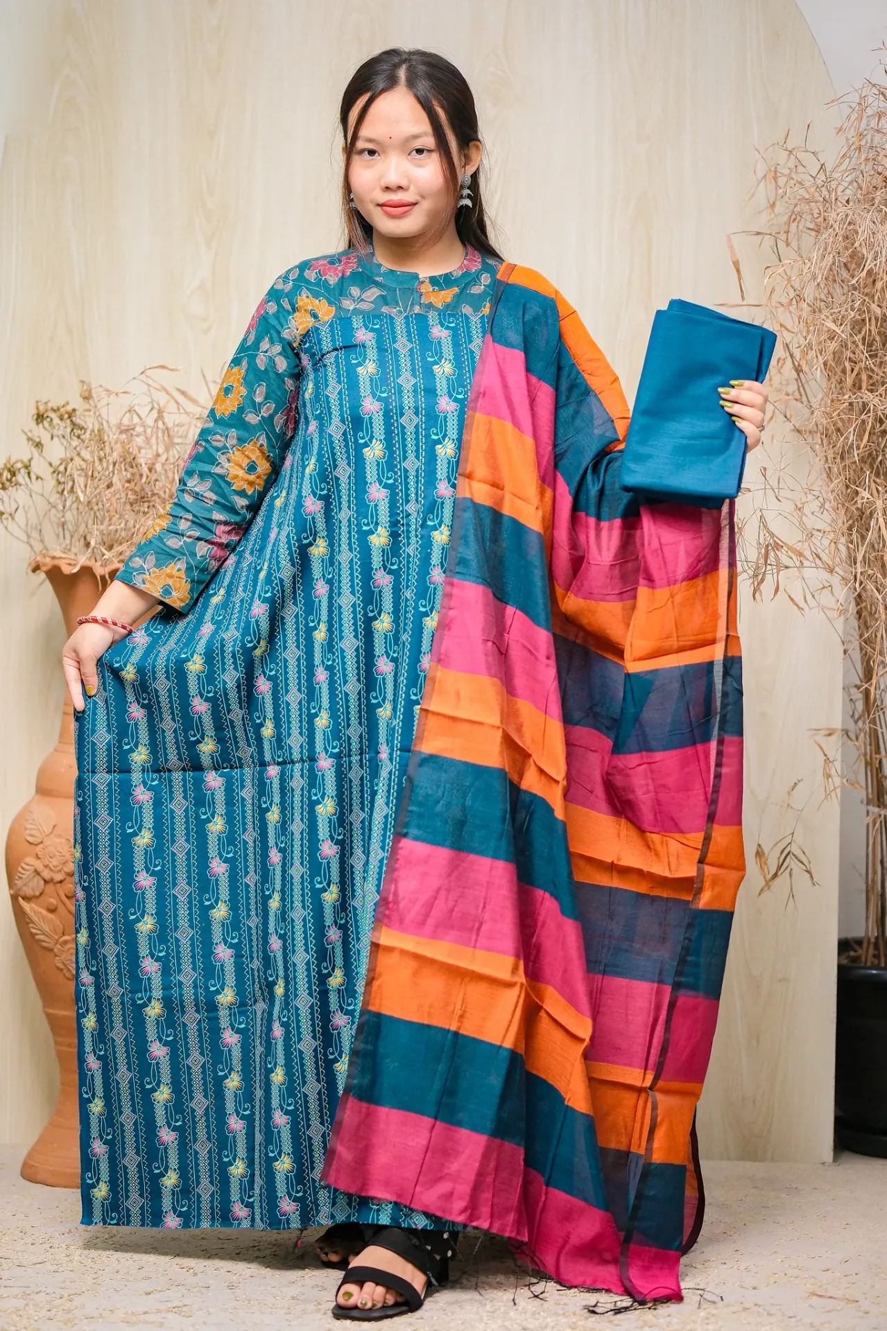 Deep Teal Blue Small Floral Multicolor Scarf Cotton Three Piece