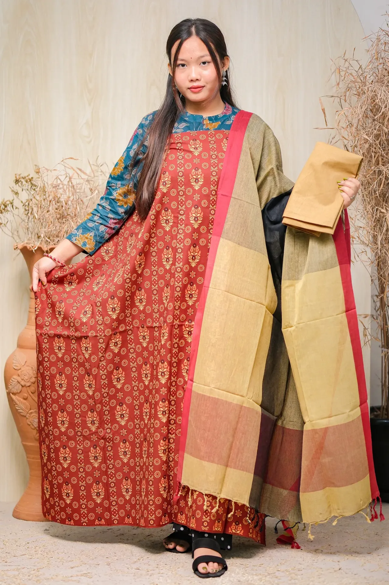 Rust Red Floral Kameez Color Blocked Scarf Cotton Three Piece