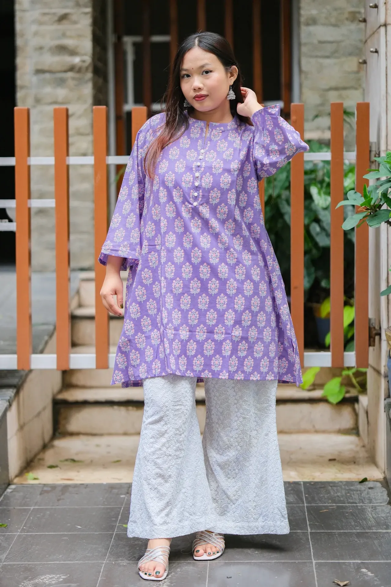 [0302] Lavender Orange Floral Regular Short Kurti (36)