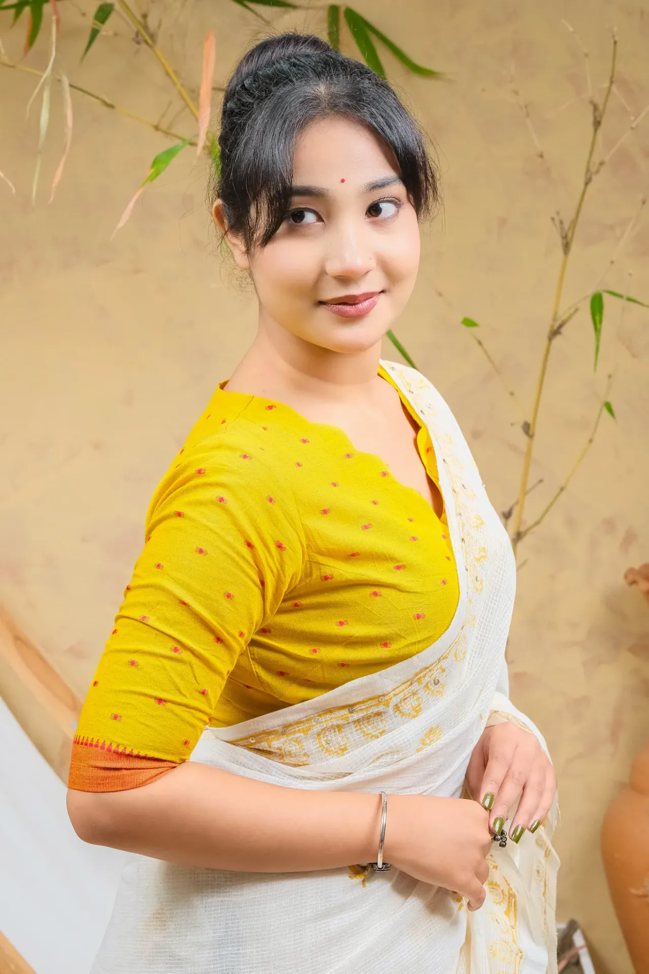 [0222] Mustard Yellow Meroon Doted Ikkat Blouse (34)