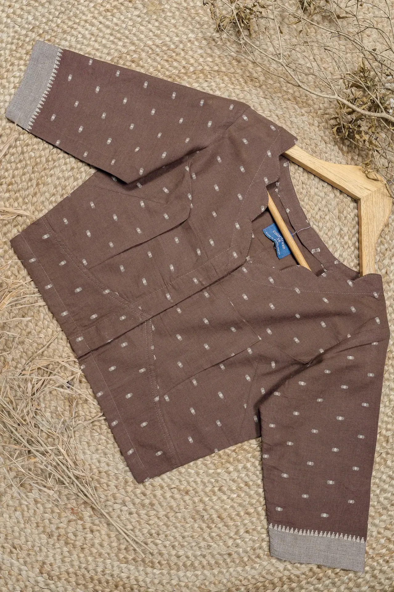 [0222] Chocolate Brown Off-White Doted Ikkat Blouse (34)