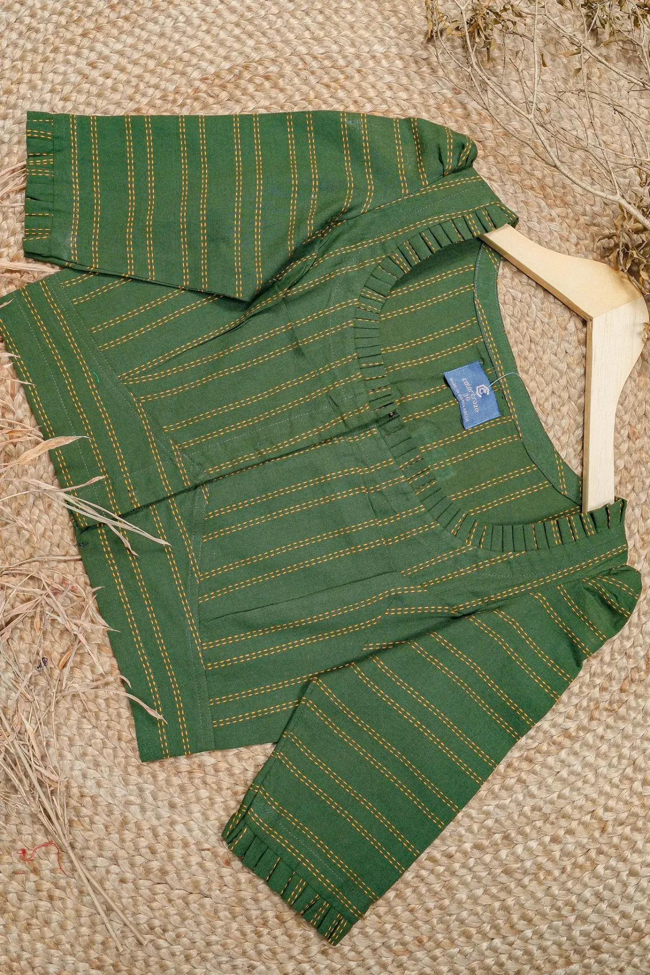 [0213] Emerald Green Pleated cuffs Hand Loom South Cotton Blouse (34)
