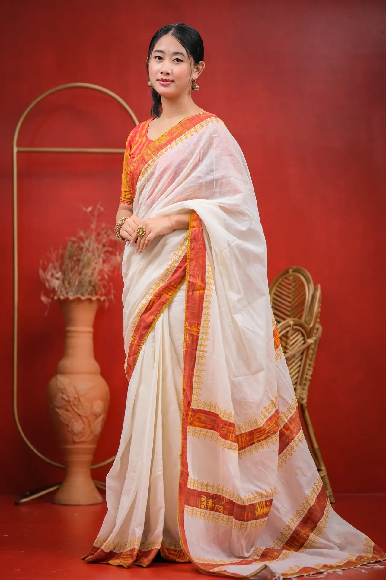 White Body Vibrant Red & Yellow Geometric Patchwork Sharee
