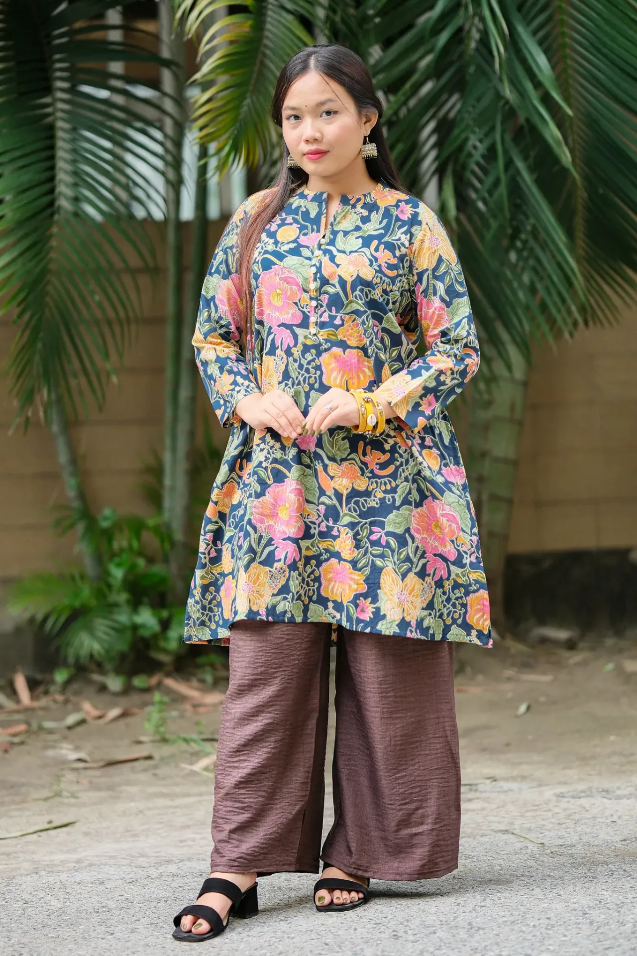 [0302] Navy Blue Body Multicolor Floral Regular Short Kurti (36)