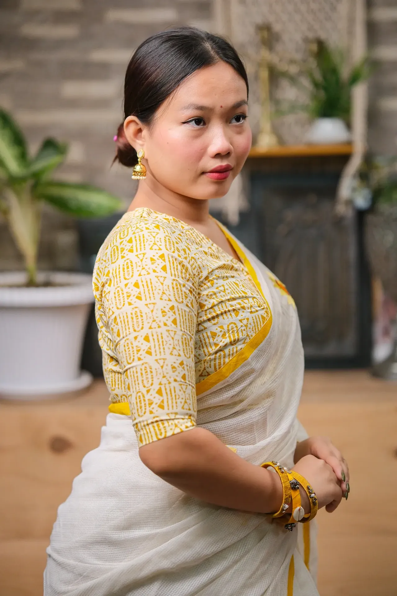 [0204] Cream Mustard Yellow Geometric Cotton Screen Print Blouse (34)