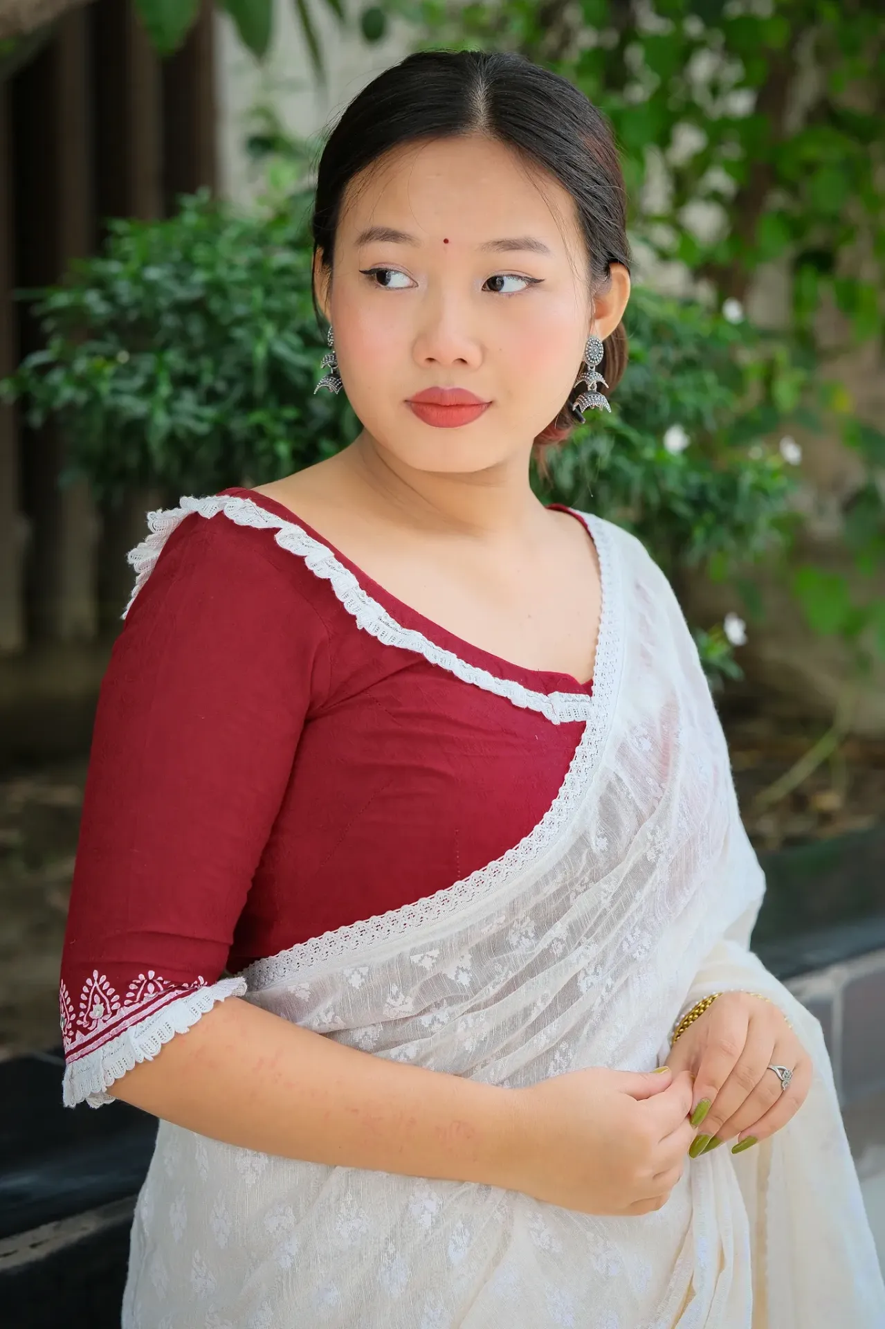 [0207] Maroon White Lace Jacquard Blouse (34)