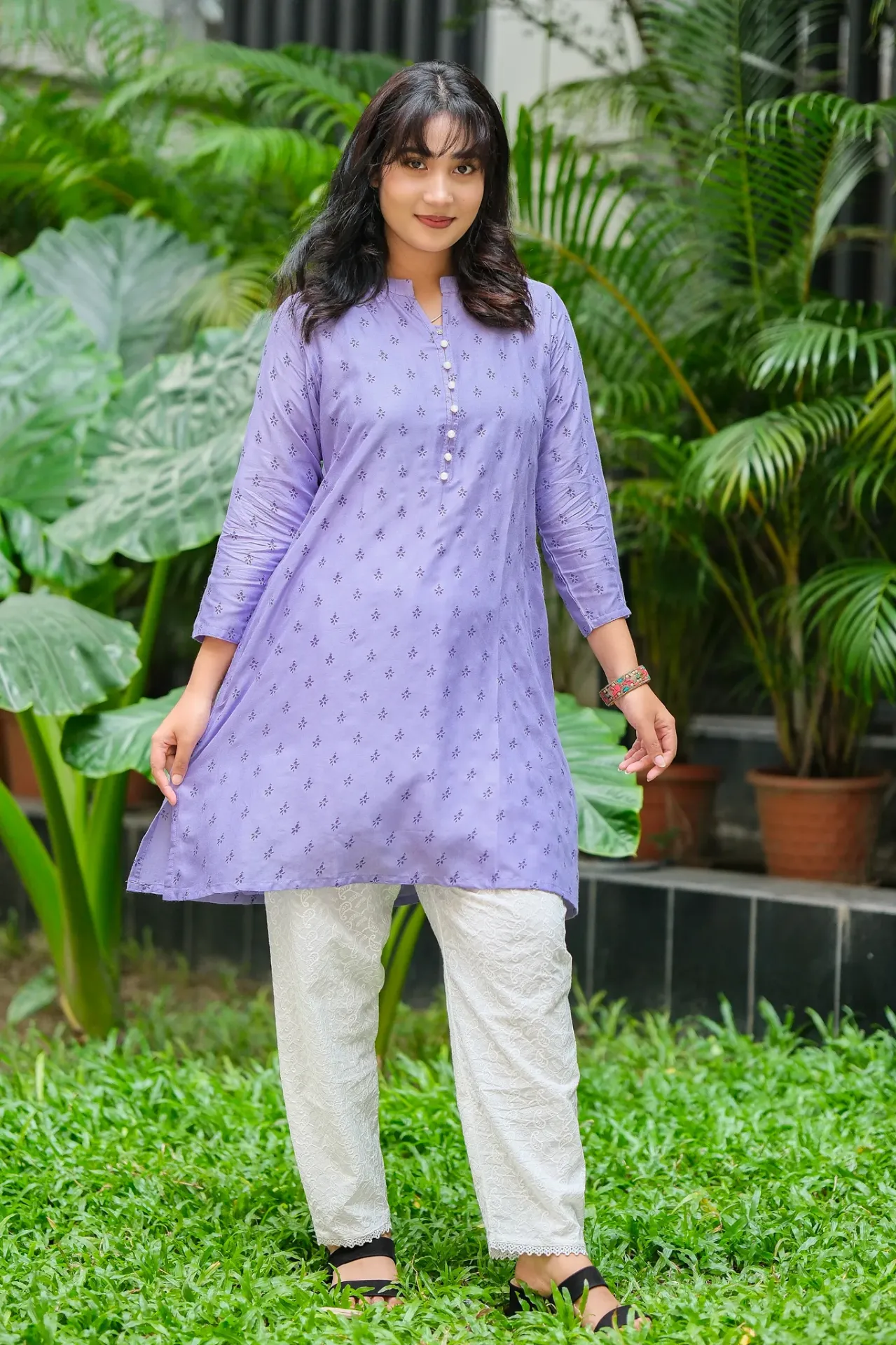 [0303] Lavender Dark Floral Regular Long Kurti (36)