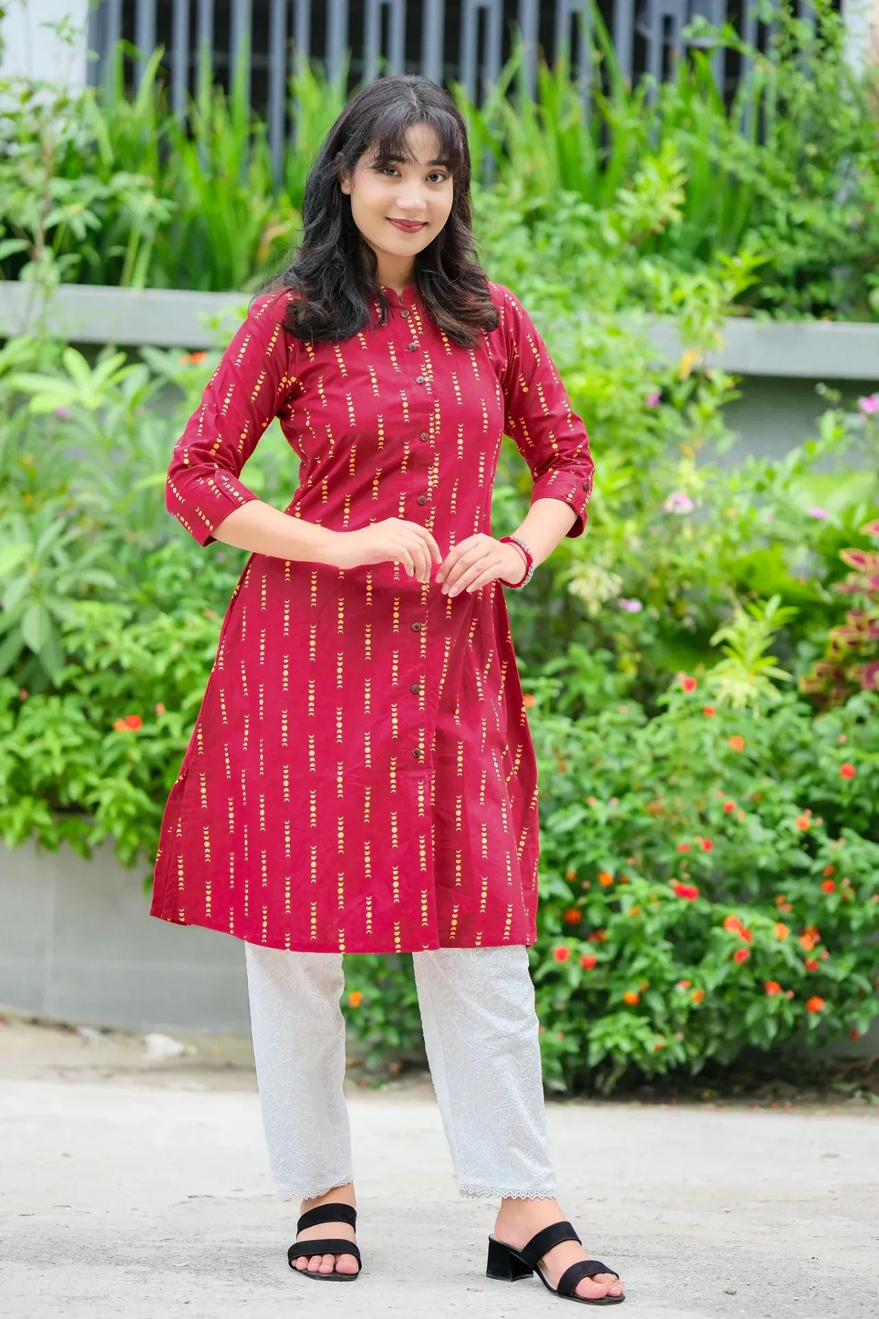 Deep Maroon Vertical Gold Printed Moon Phases A-Shaped Kurti