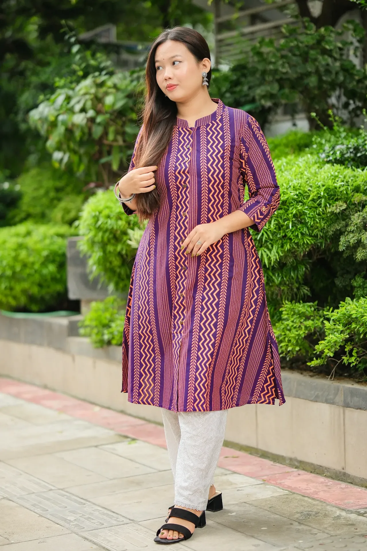 Violet Body Orange Zigzag A-Shape Kurti