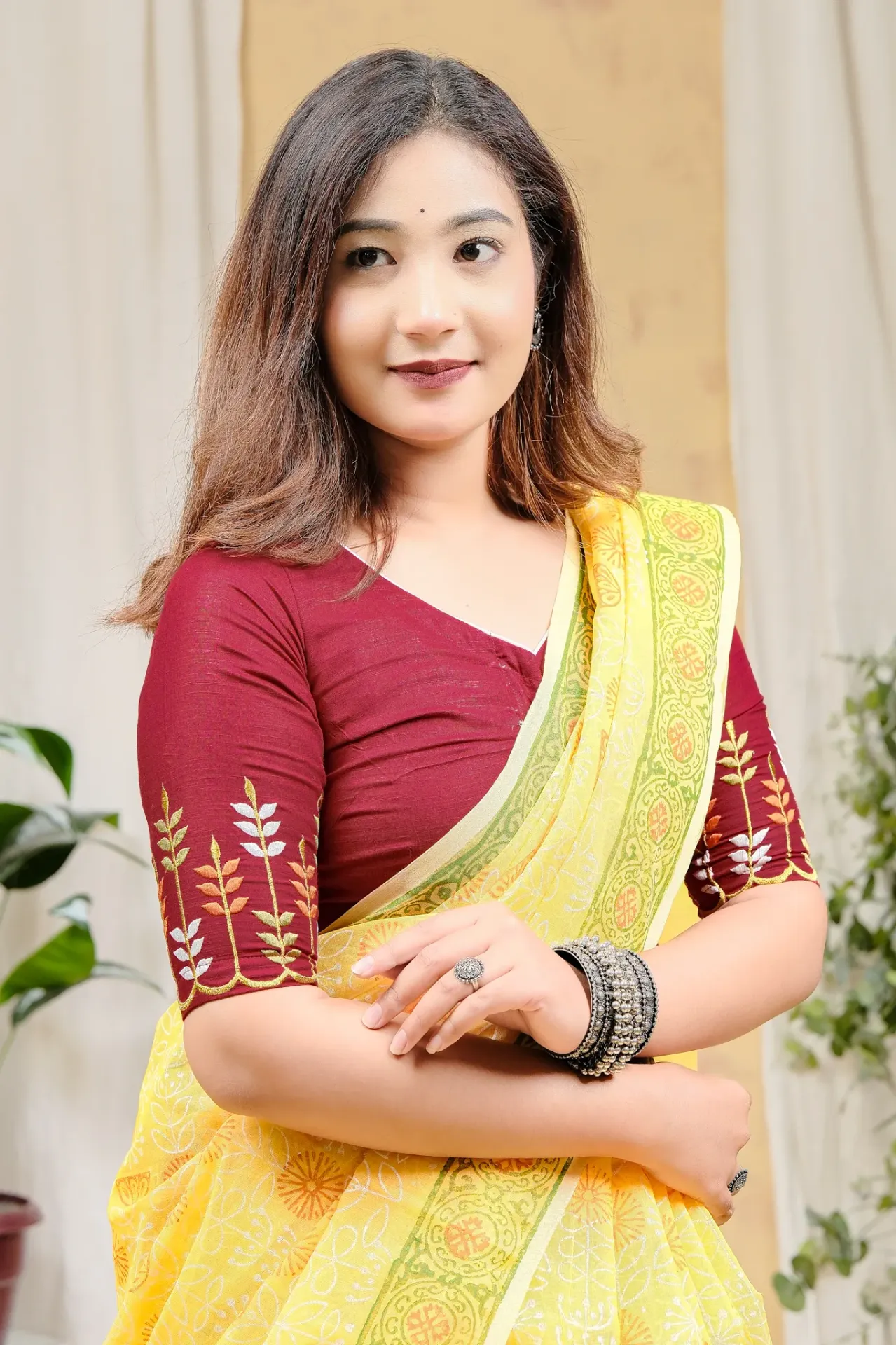 Maroon Multi Color Leaf Embroidery Blouse