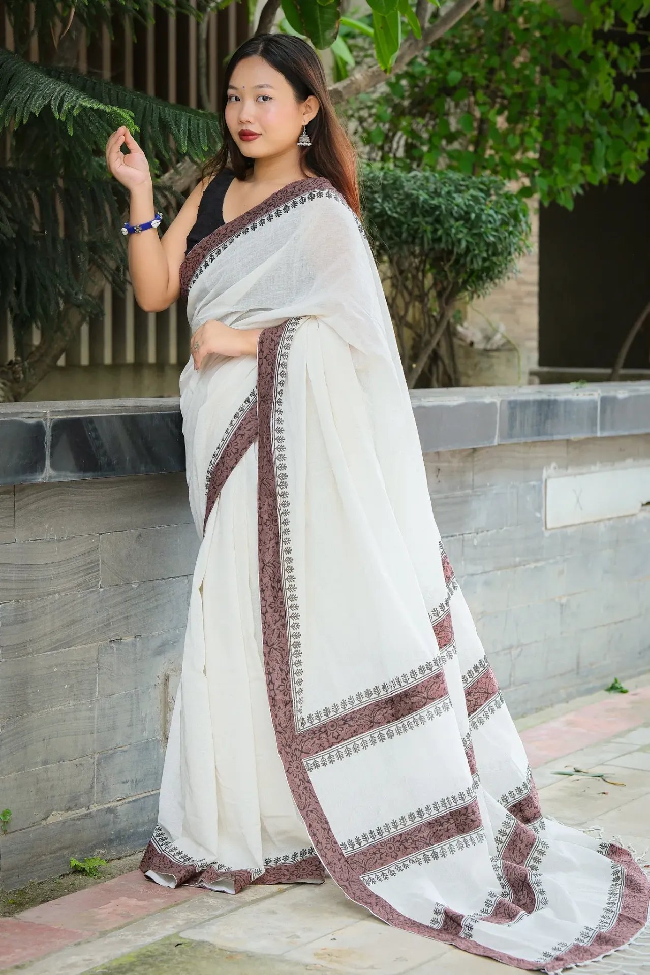 Off-white Body Chocolate Brown Black Geometric Anchal Patchwork Sharee