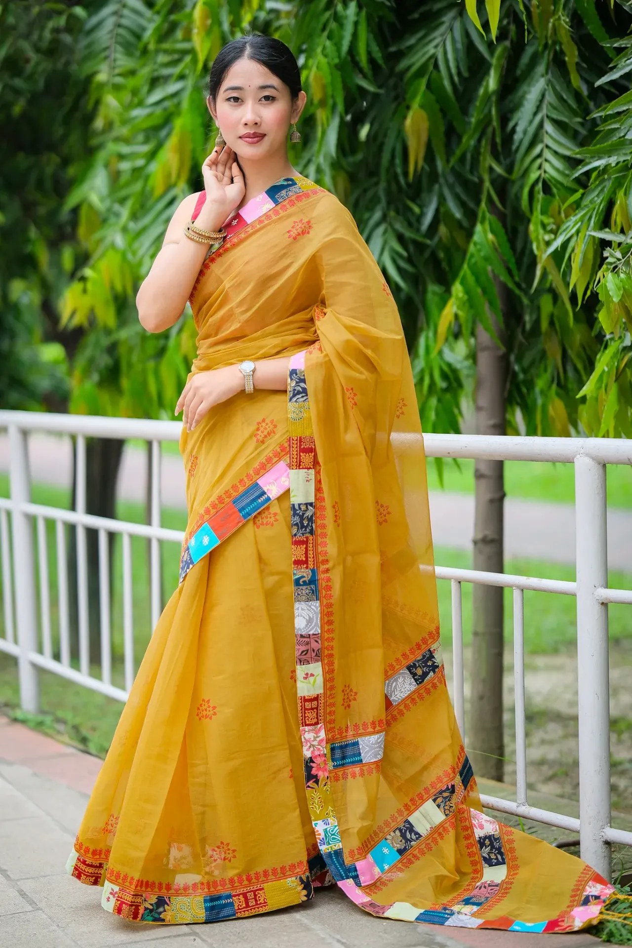 Mustard Yellow Body Deep Maroon Tree Motif Anchal Patchwork Sharee