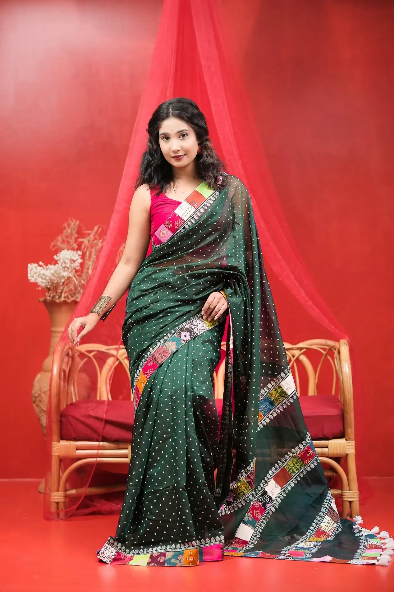 Deep Bottle Green Polka Dots Body White Tree Motif Anchal Patchwork Sharee