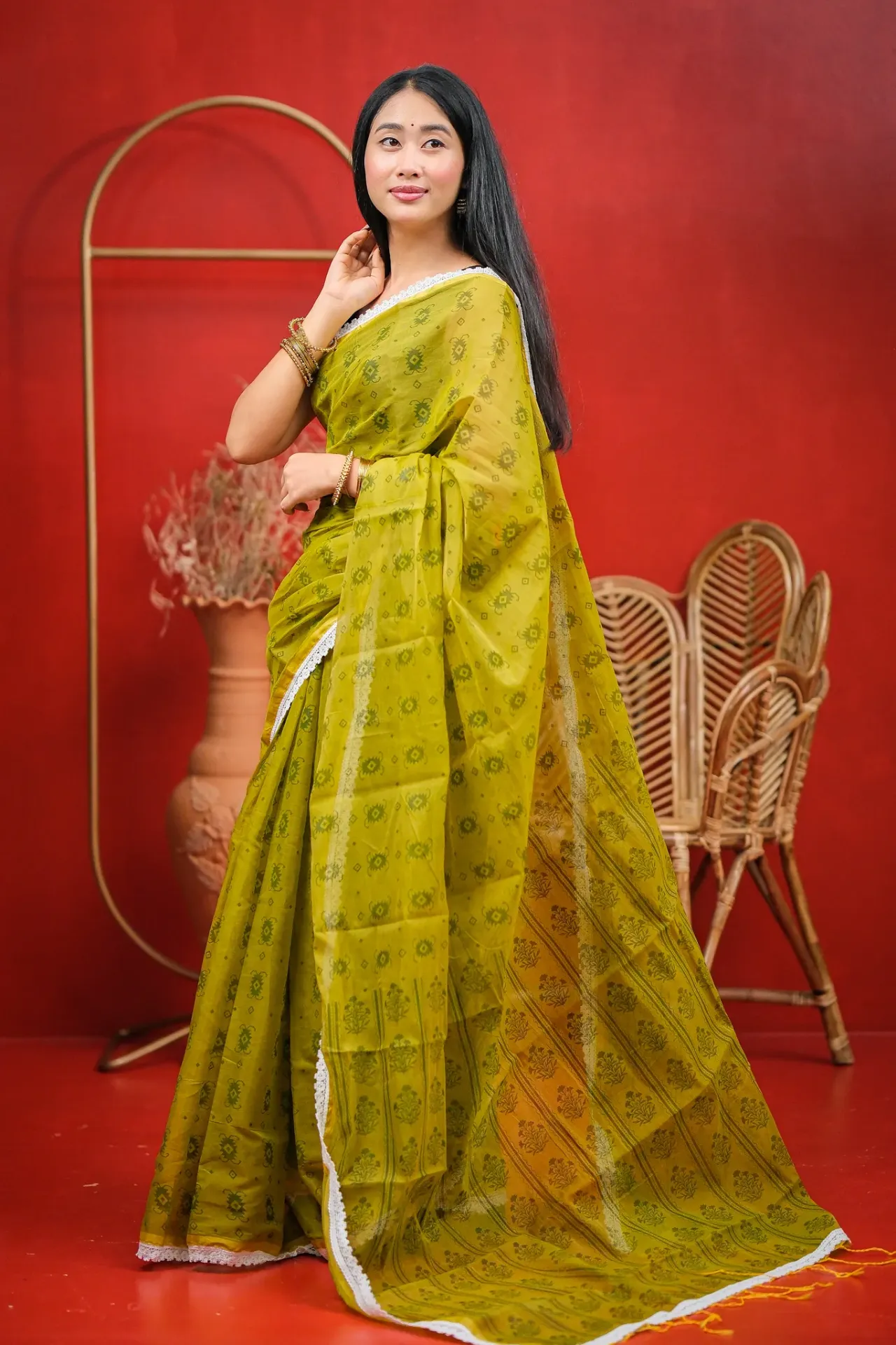 Lime Green geometric Body Dark Green Floral Anchal Screen Print Half Silk Sharee