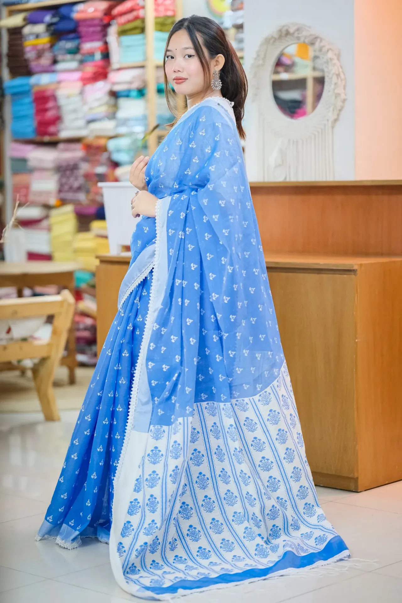 [0102] Royal Blue Body White Floral Anchal Screen Print Half Silk Sharee