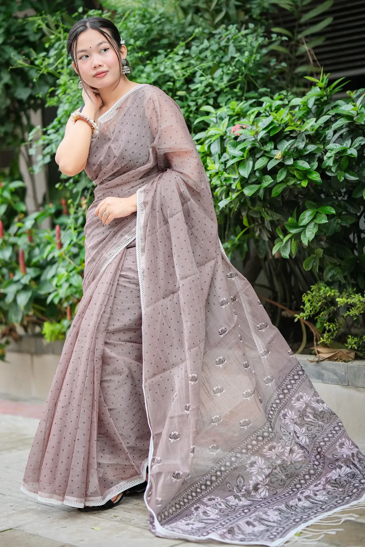 Dusty Mauve Polka Body Off-white Floral Anchal Screen Print Half Silk Sharee