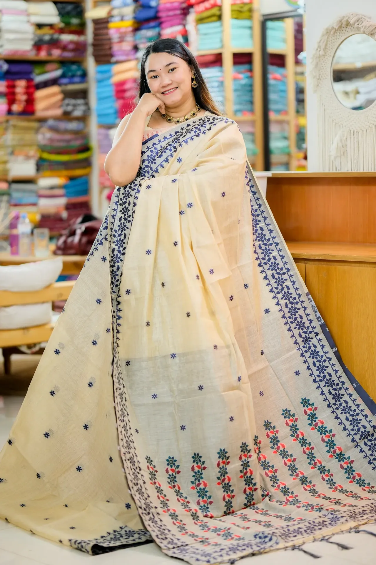 Cream Body Dark Navy Blue Paar floral Anchal HS Tantuj Sharee