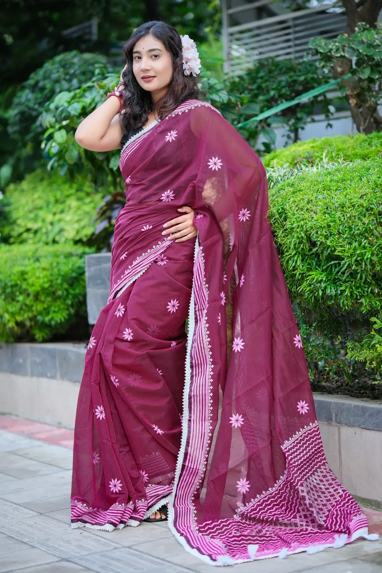 Deep Violet Floral Body Soft Blush Pink Zigzag Anchal Screen Print Half Silk Sharee