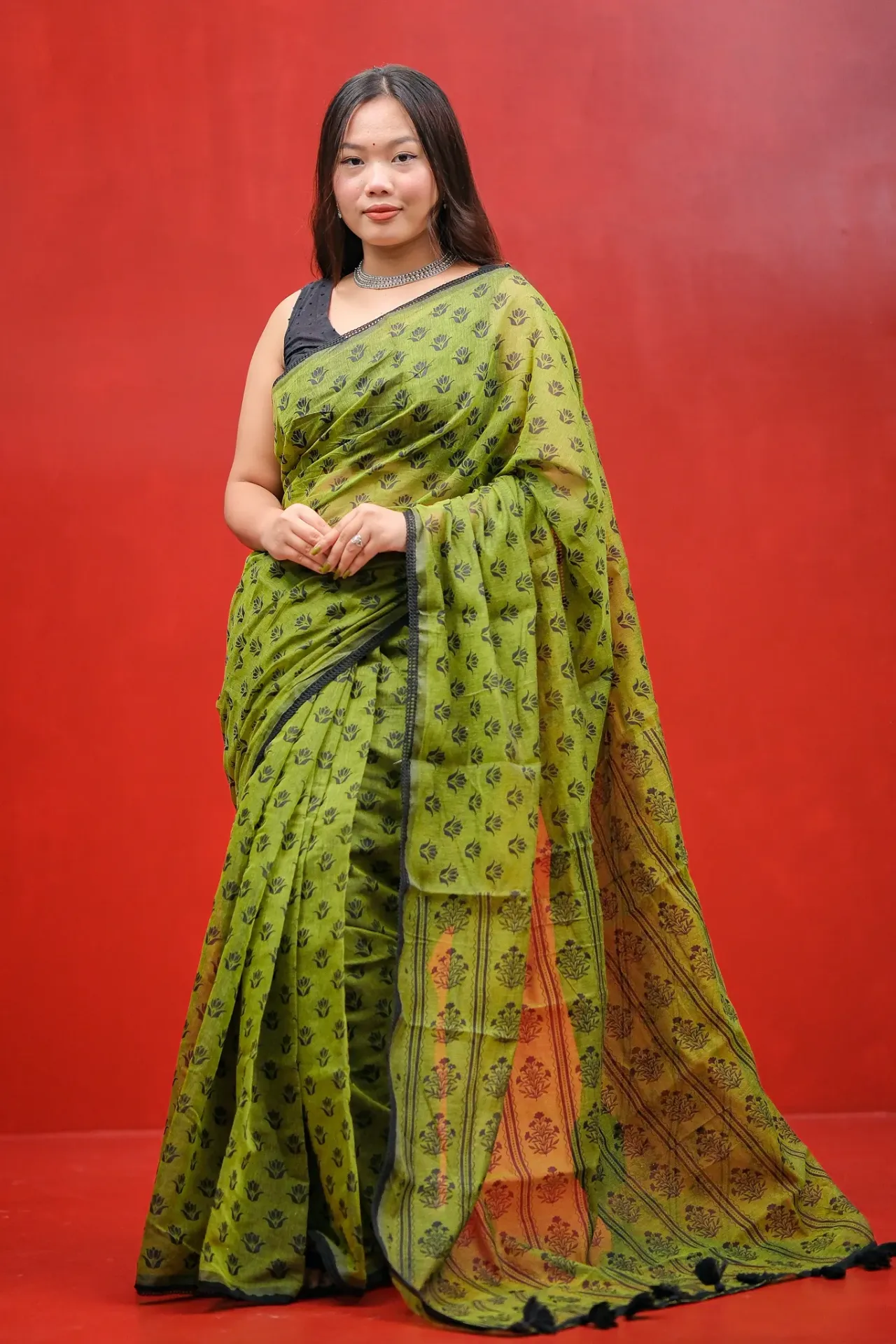 Olive Green Body Solid Black Floral Anchal Screen Print Half Silk Sharee