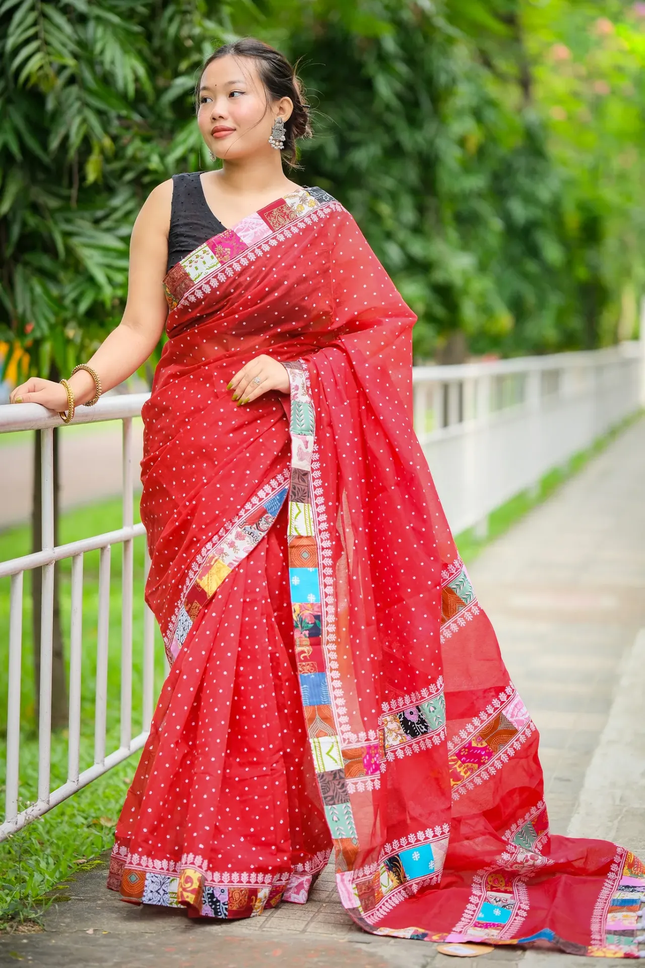 Red Polka Dots Body White Tree Motif Anchal Patchwork Sharee
