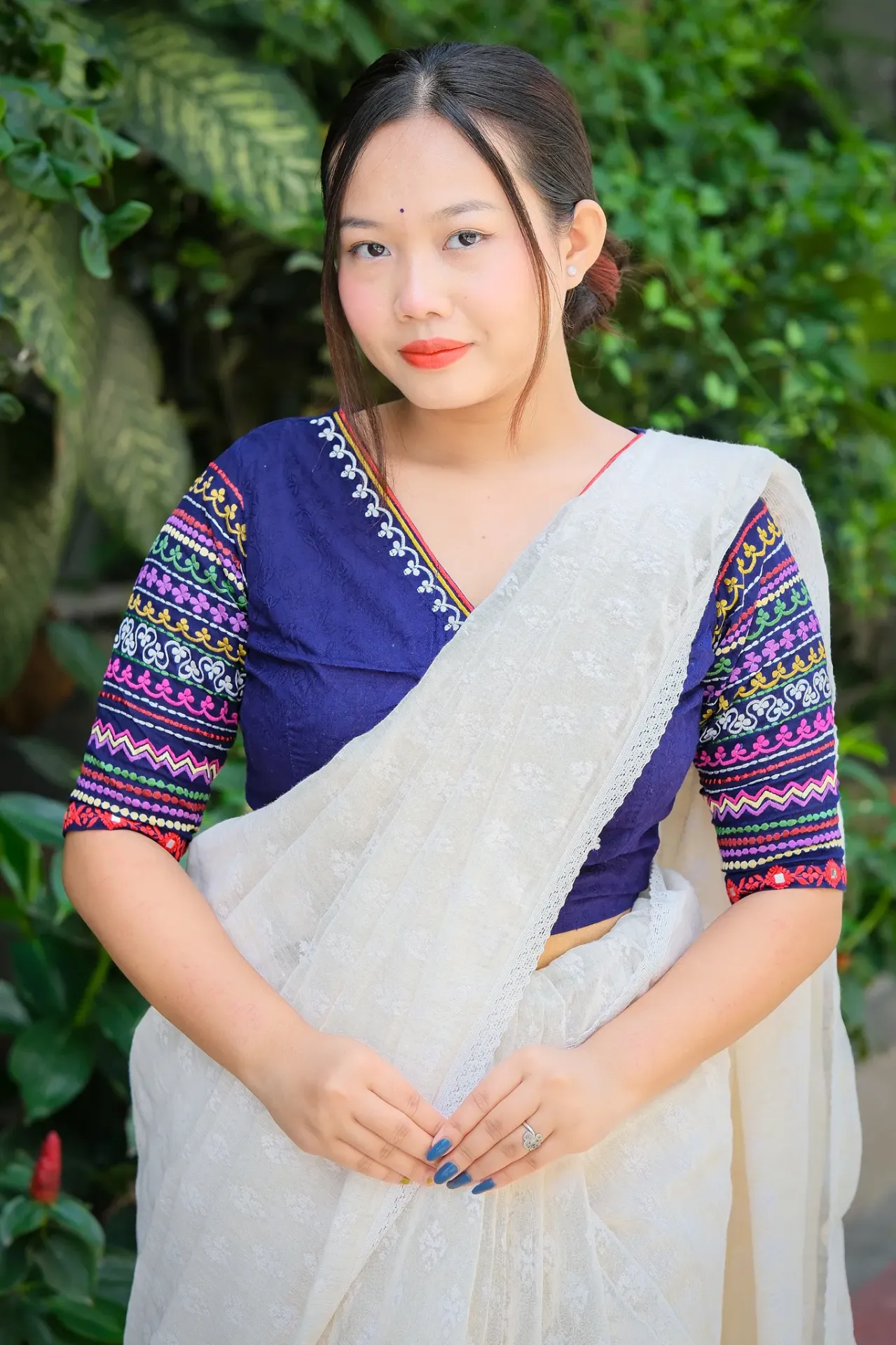 [0205] Blue Multicolor Floral Sleeve Embroidery Blouse (34, Regular)