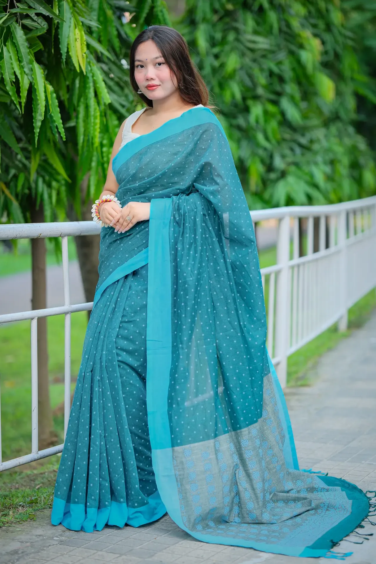 [0102] Monochrome Cyan Polka Dots Body Light Grey Anchal Screen Print Half Silk Sharee