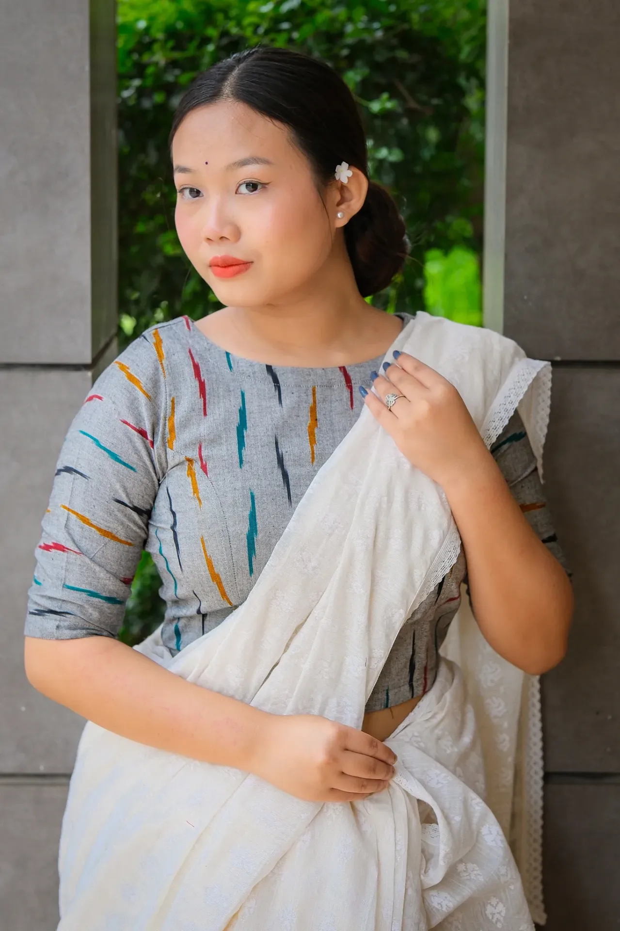 Grey Multicolor Ikkat Cotton Blouse