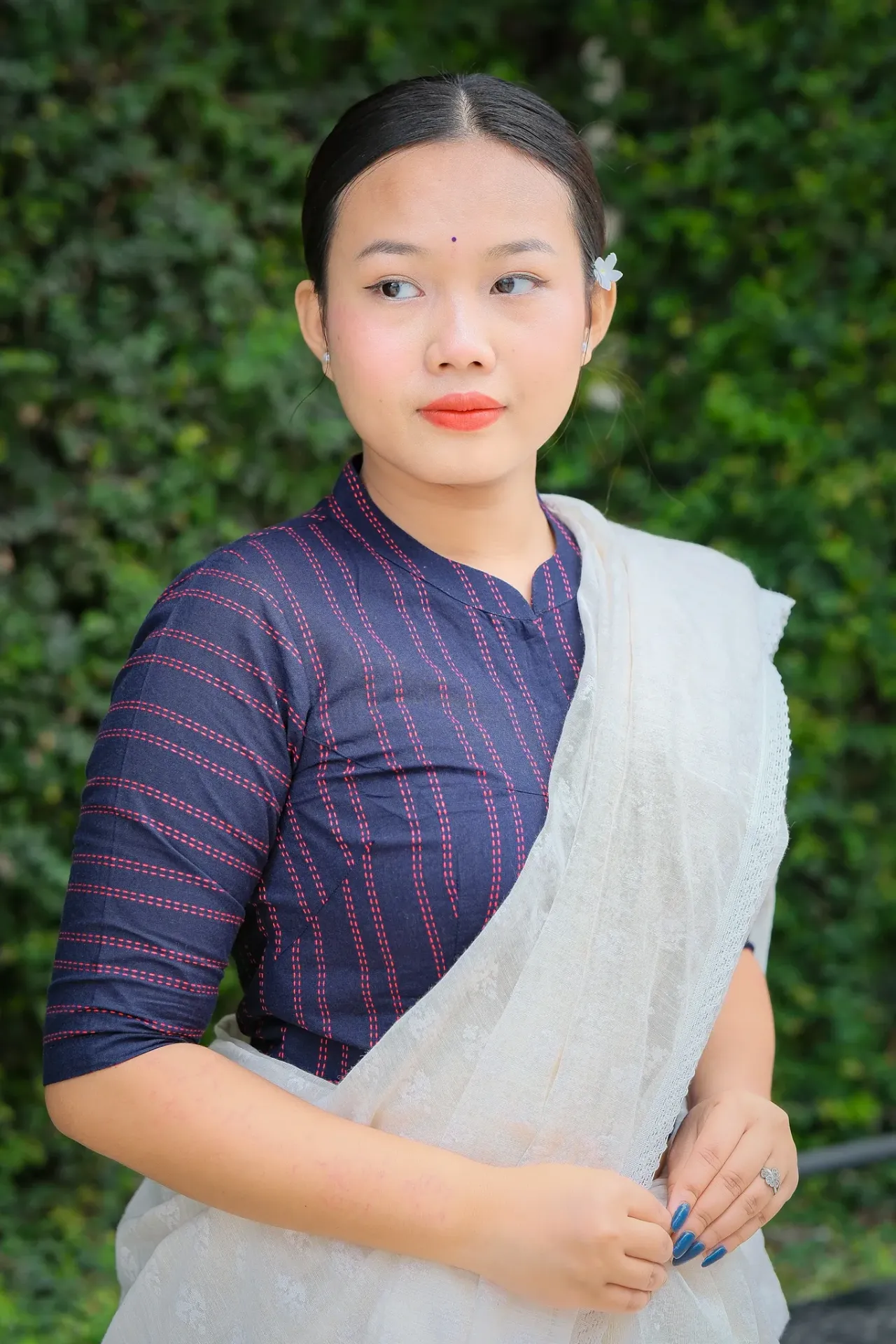 Deep Navy Blue High-Neck South Cotton Blouse