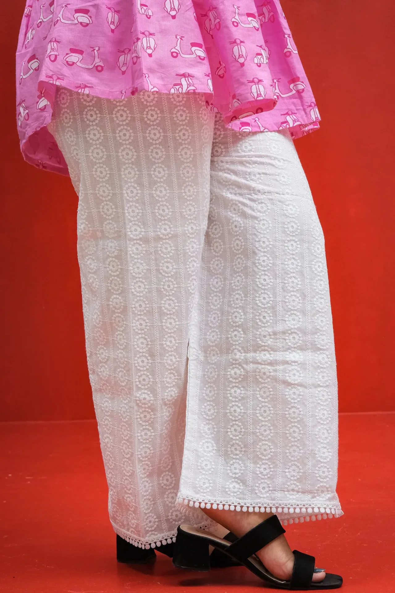 White Embroidery Chikankari Wide-leg Palazzo