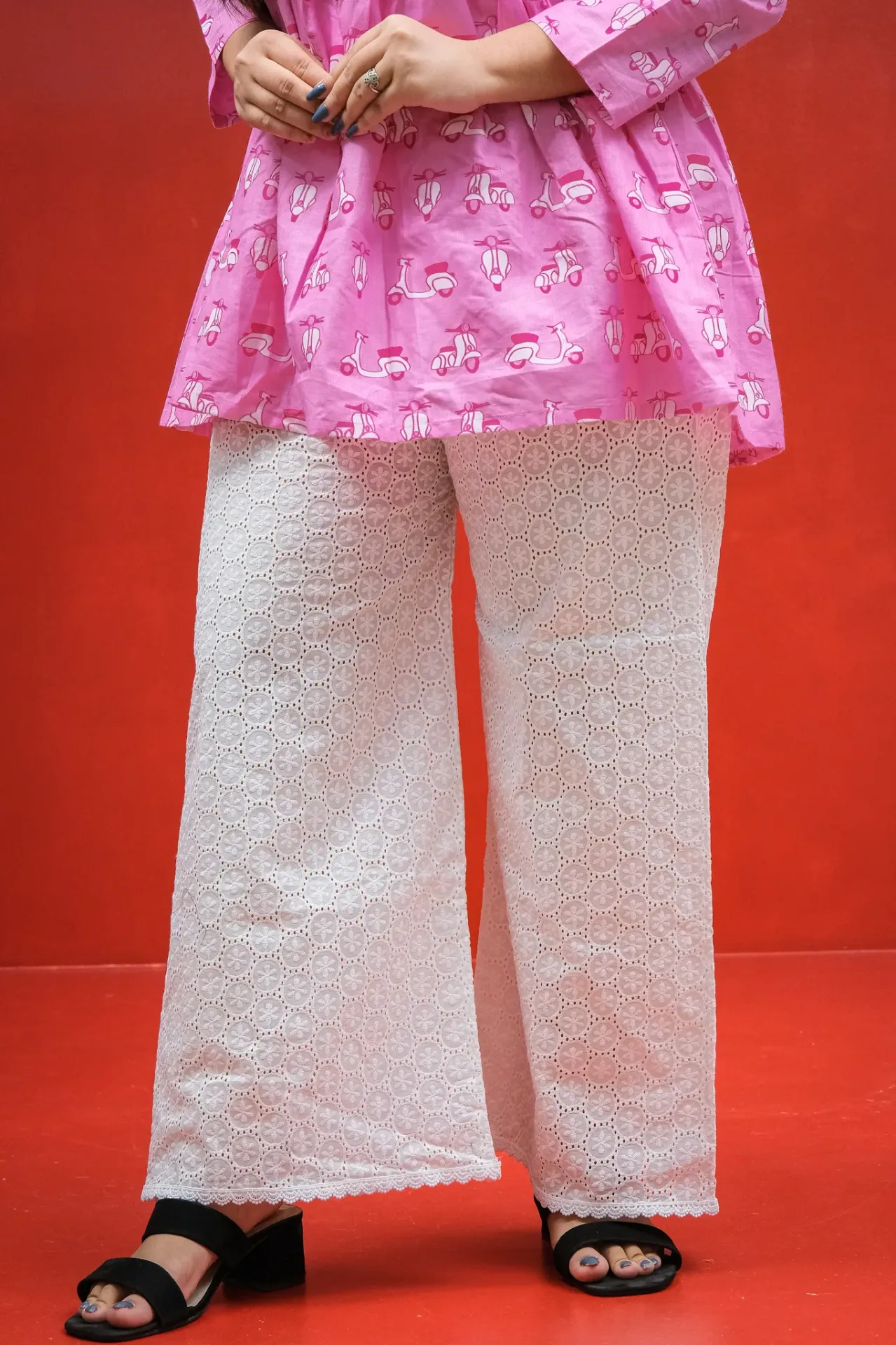 White Small Floral Circles Chikankari Palazzo