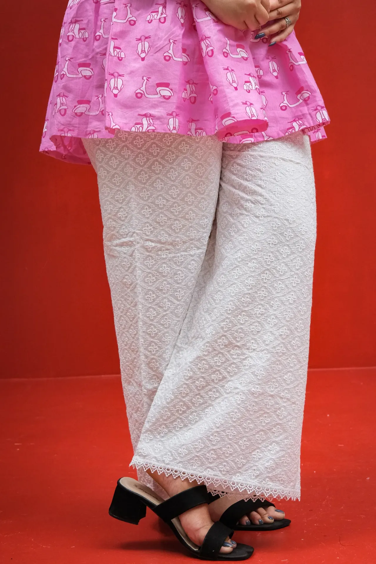 White Diagonal Leaf & Dot Chikankari Palazzo