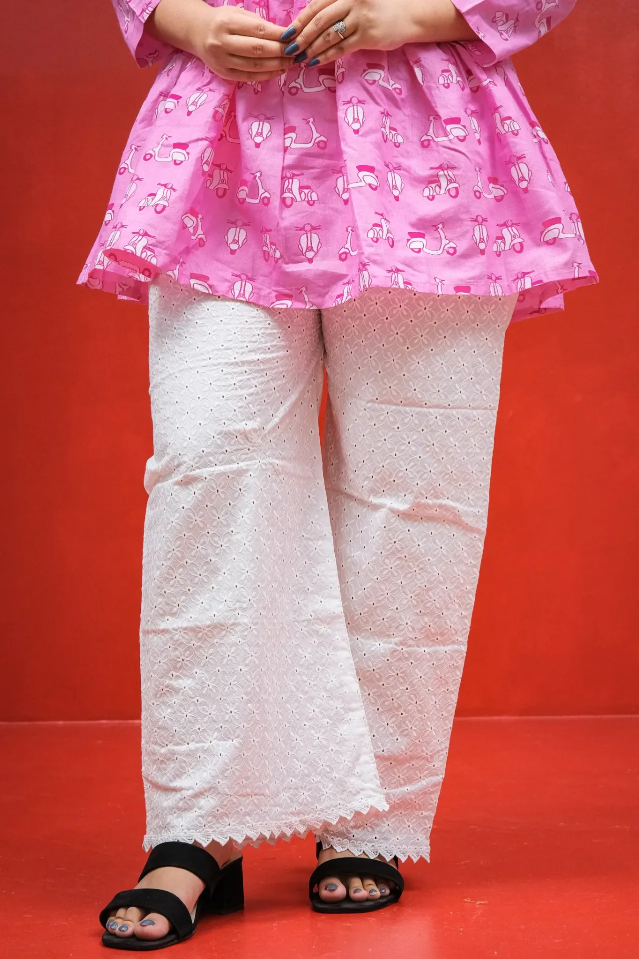 Off White Distinct Floral Chikankari Palazzo