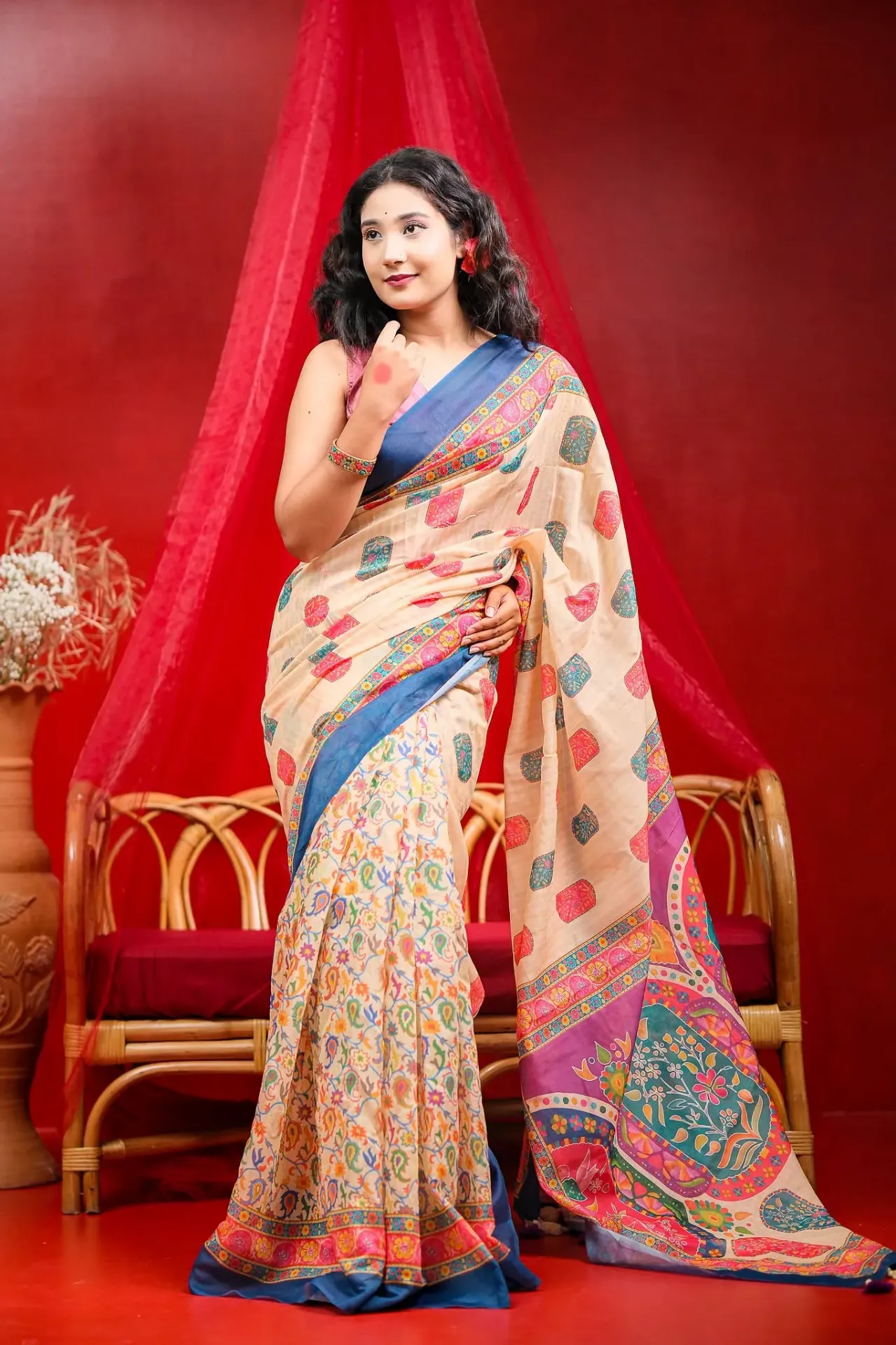 Bonita Cream Multi-colored Floral Kalamkari-style Motifs Mix Cotton Sharee